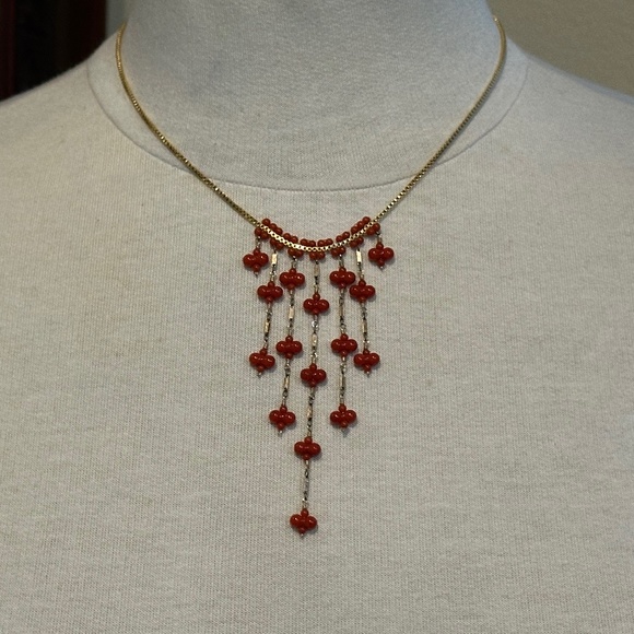 Miguel Ases Mediterranean Red Coral Colored Glass Bead & Gold Necklace.- Perfect - Picture 3 of 4